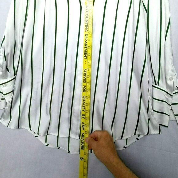 Nine West Green White Striped Women Top Raglan Cuff Sleeve Side Button Collared - Picture 5 of 9